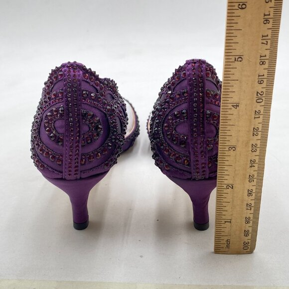XYD Dark Purple Pointed Toe D'Orsay Kitten Heel Rhinestone Studs Slip-On Shoes - Picture 5 of 8